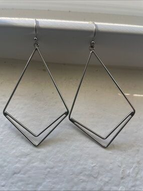 Silver Geometric Double-Diamond Drop Earrings